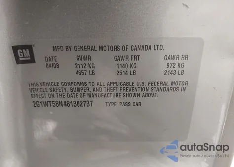 2008 Chevrolet Impala Lt from USA, damaged, VIN 2G1WT58N481302737